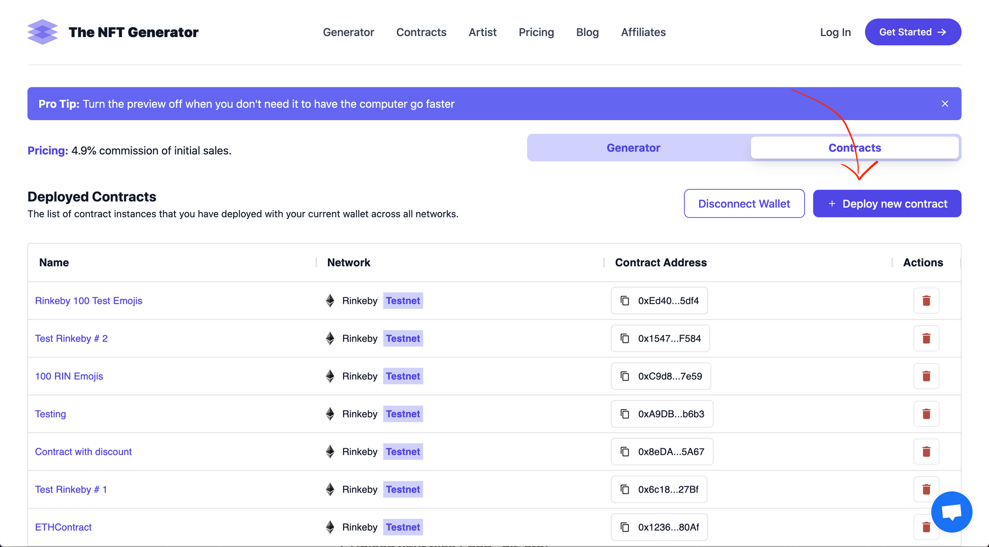 NFT drop smart contracts dashboard